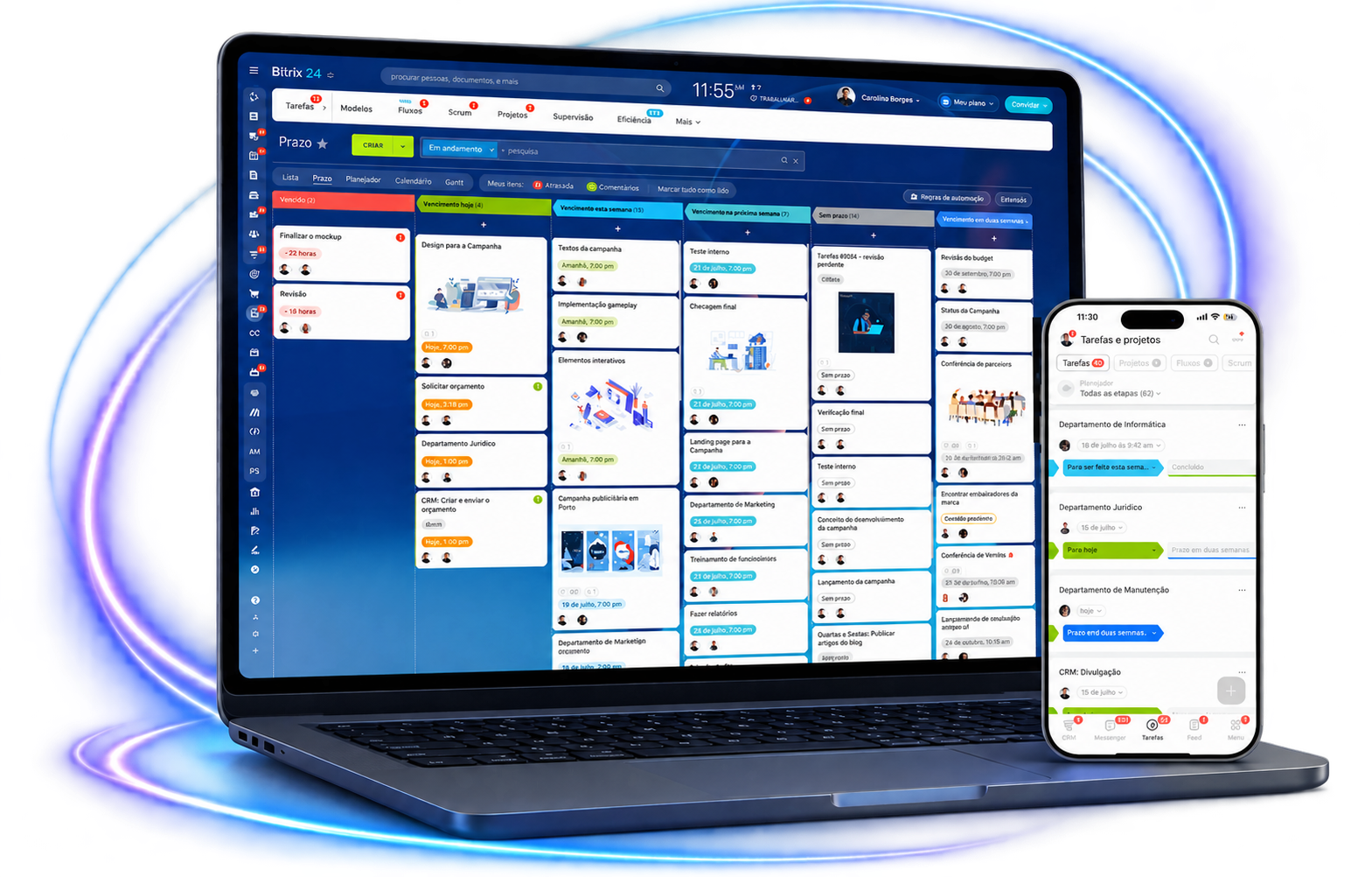 Bitrix24 em notebook e celular: tarefas, projetos e CRM